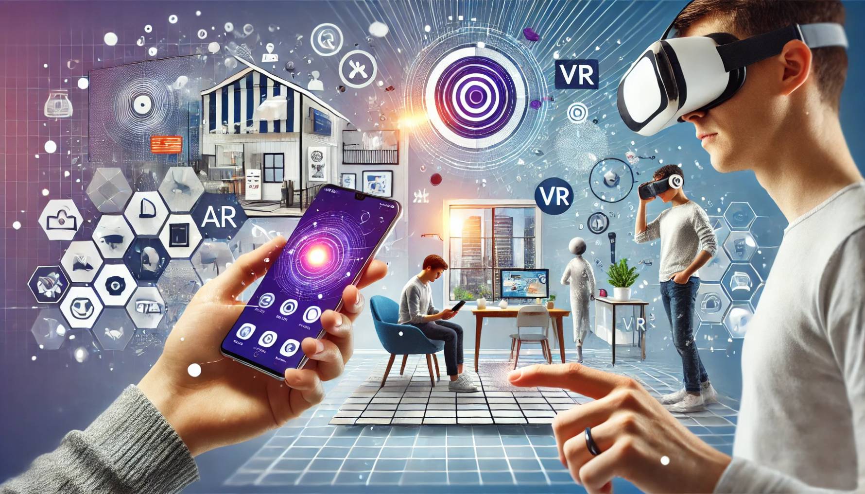 Immagine rappresentante esperienze immersive nel marketing digitale con AR (realtà aumentata) e VR (realtà virtuale). Una persona utilizza uno smartphone per visualizzare elementi AR come oggetti digitali e informazioni sovrapposte in un ambiente reale, mentre un'altra persona indossa un visore VR per interagire con un mondo virtuale. Lo sfondo mostra una combinazione di elementi digitali e reali per simboleggiare l'integrazione delle tecnologie AR e VR nel marketing.