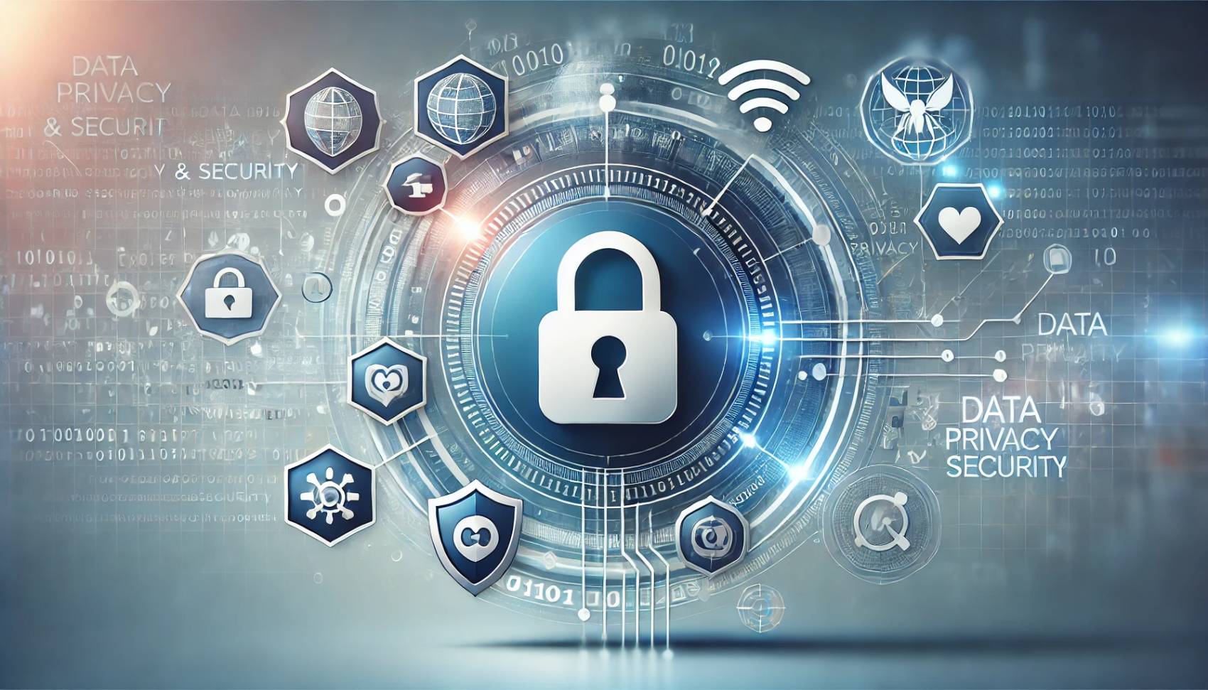 Immagine che rappresenta la privacy e la sicurezza dei dati, con un lucchetto centrale circondato da simboli di protezione e tecnologia digitale. L'immagine sottolinea l'importanza della sicurezza dei dati personali in conformità con regolamenti come il GDPR e il CCPA.