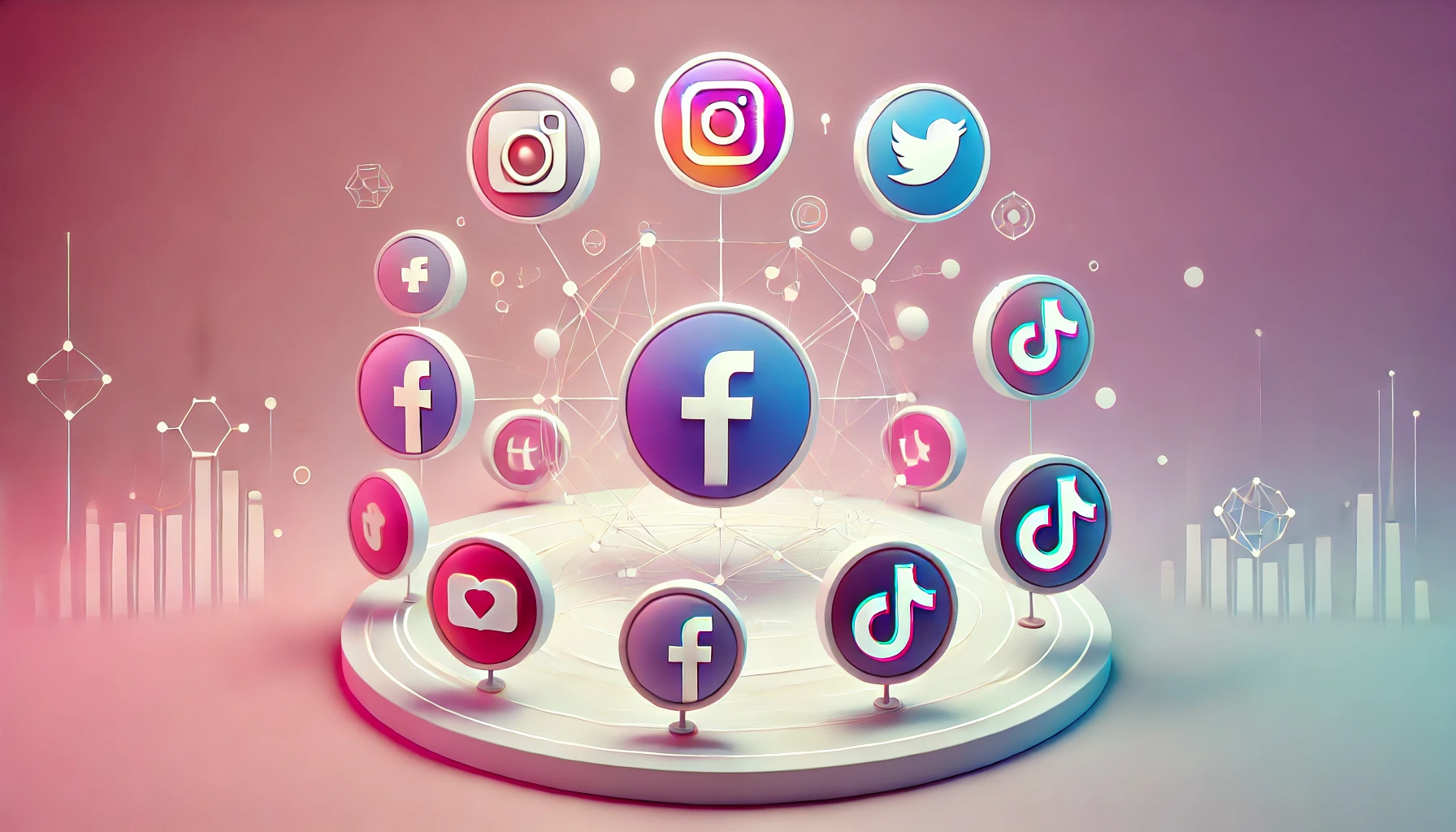 Illustrazione che rappresenta il marketing sui social media, con icone di piattaforme come Facebook, Instagram, Twitter e TikTok disposte in un layout dinamico. L'immagine riflette le strategie e tendenze emergenti nel marketing digitale, enfatizzando la connessione e l'interazione tra diverse piattaforme di social media.