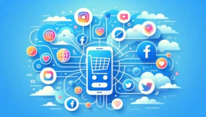 Immagine semplice e vibrante che rappresenta l'e-commerce e il social commerce con icone di carrello della spesa, smartphone e loghi di social media come Instagram, Facebook e TikTok. L'immagine mostra la connessione tra acquisti online e piattaforme social, sottolineando l'integrazione del commercio digitale in un contesto visivo pulito e minimalista.