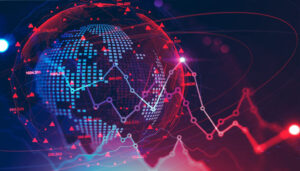 Grafico digitale con una mappa globale e dati economici che rappresentano l’analisi dei mercati esteri per la scelta dei Paesi ideali per l’espansione internazionale del business.