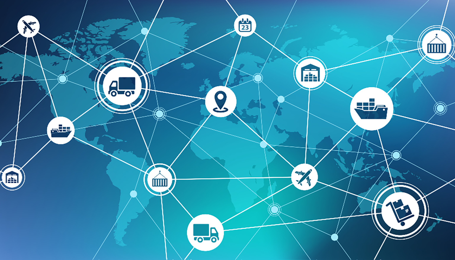 Rappresentazione grafica della supply chain digitale, con connessioni tra aziende, trasporti, magazzini e luoghi di distribuzione. L'immagine illustra l'integrazione verticale e l'integrazione orizzontale come strumenti per ottimizzare i processi aziendali.