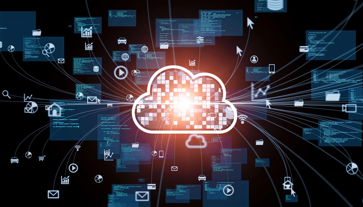 Immagine di un simbolo di cloud computing circondato da icone di dati e flussi digitali, rappresentante l'integrazione del cloud e della cyber security nella gestione aziendale per migliorare la protezione dei dati e l'efficienza operativa.